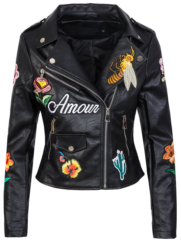 Damen Kunstlederjacke mit Blumenstickerei Schwarz D-263_65067.jpg