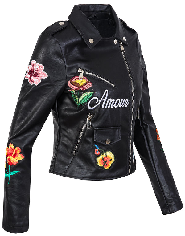 Damen Kunstlederjacke mit Blumenstickerei Schwarz D-263_65068.jpg