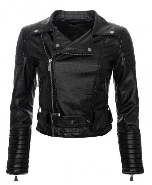 Damen Kunstlederjacke mit Gürtel Schwarz D-37_35690.jpg
