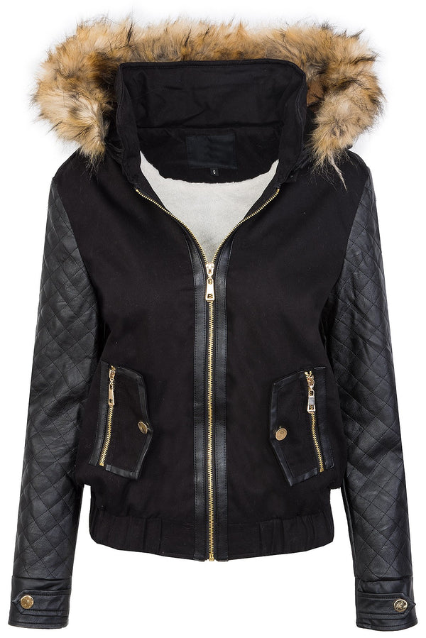Damen Winterjacke Teddyfell-Futter Kunstlederärmel D-360 _78582.jpg