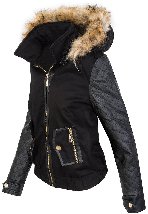 Damen Winterjacke Teddyfell-Futter Kunstlederärmel D-360 _78583.jpg