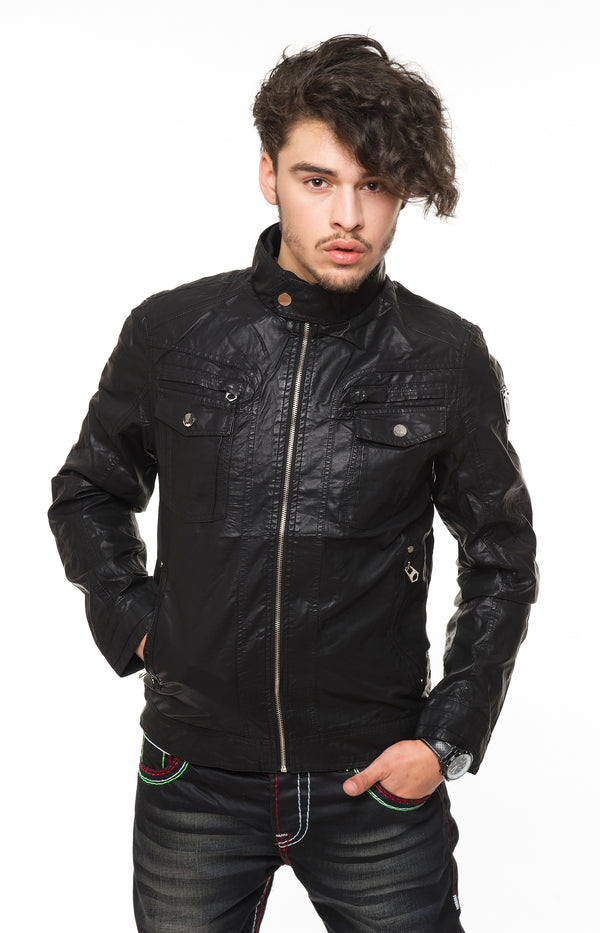 Herren Kunstlederjacke Stehkragen mit Knopfleiste Schwarz H-053_76103.jpg