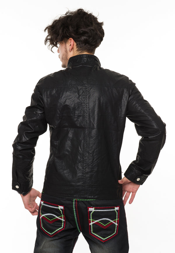 Herren Kunstlederjacke Stehkragen mit Knopfleiste Schwarz H-053_76105.jpg