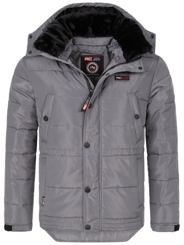 Rock Creek Herren Winterjacke H-393 grau S-5XL winddichte Steppjacke mit Fellimitatkragen und abnehmbarer Kapuze