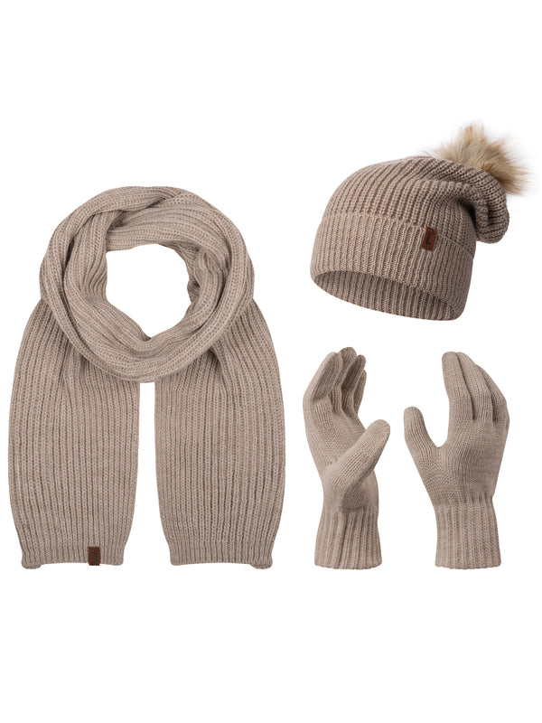 Rock Creek Winter Mütze Schal Handschuh-Set U-103 beige Unisex Einheitsgröße, modisches Strickset mit Bommelmütze, warmem Schal und bequemen Handschuhen