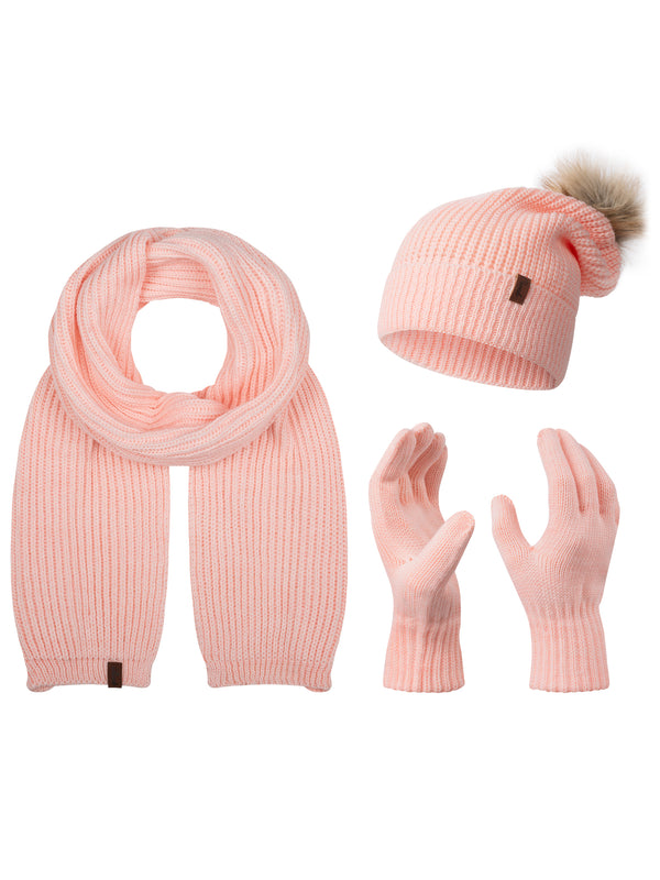 Rock Creek Winter Mütze Schal Handschuh-Set U-103 rosa Unisex Einheitsgröße, feminines Strickset mit Mütze mit Kunstfellbommel, Schal und Handschuhen