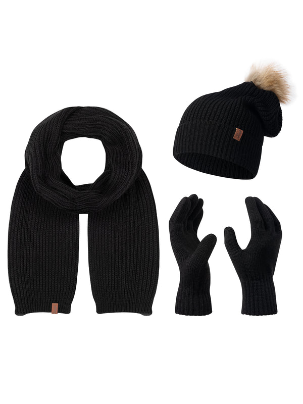 Rock Creek Winter Mütze Schal Handschuh-Set U-103 schwarz Unisex Einheitsgröße, elegantes Winterset aus Rippstrick mit Bommelmütze, Schal und Handschuhen