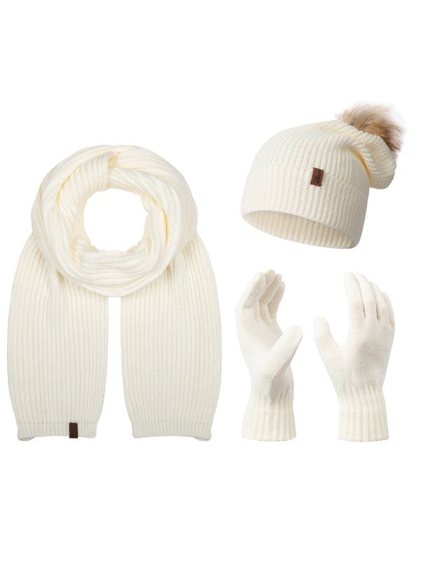 Rock Creek Winter Mütze Schal Handschuh-Set U-103 weiß Unisex Einheitsgröße, klassisches Strickset mit Mütze mit Fellbommel, Schal und Handschuhen