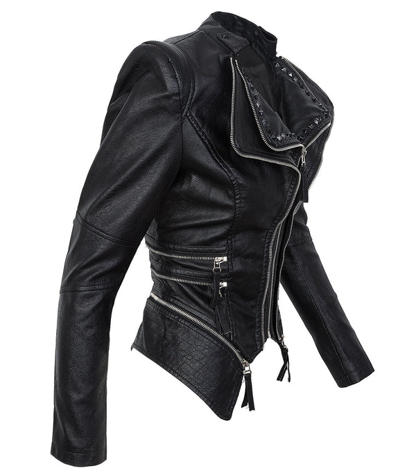 Damen Kunstlederjacke mit Wasserfallkragen D-311