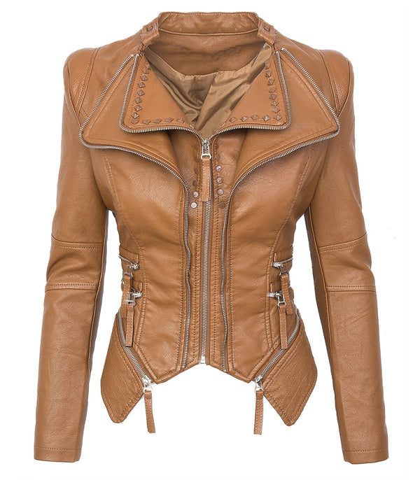 Damen Kunstlederjacke mit Wasserfallkragen D-311