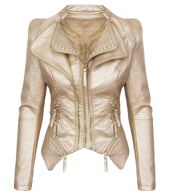 Damen Kunstlederjacke mit Wasserfallkragen D-311