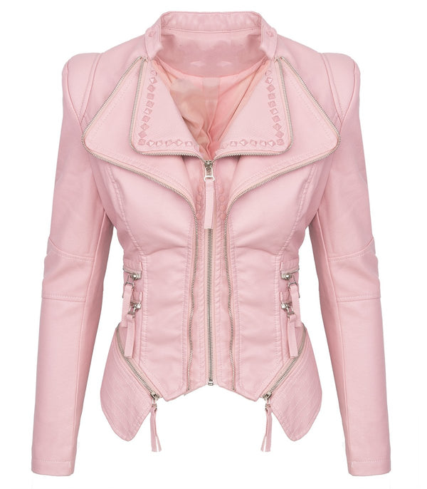 Damen Kunstlederjacke mit Wasserfallkragen D-311