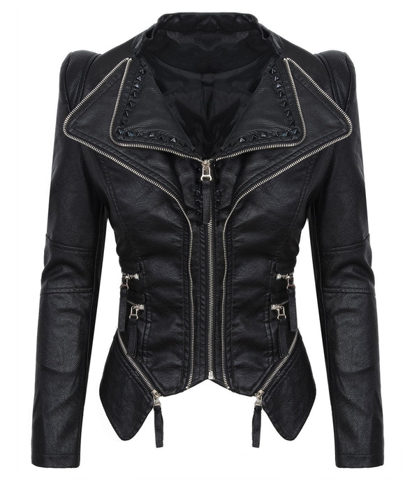 Damen Kunstlederjacke mit Wasserfallkragen D-311