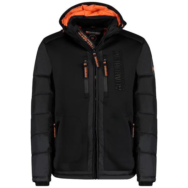 Anapurna Herren Winterjacke H-354A in Schwarz – funktionale Winterjacke mit Kapuze, Reißverschlüssen und orangefarbenem Innenfutter.