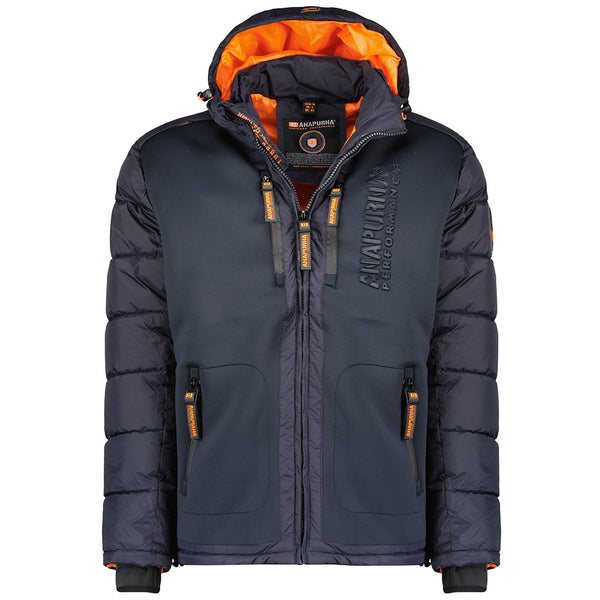 Anapurna Herren Winterjacke H-354A in Marineblau – warme Performance-Jacke aus 100 % Polyamid mit Kapuze und orangefarbenem Innenfutter.