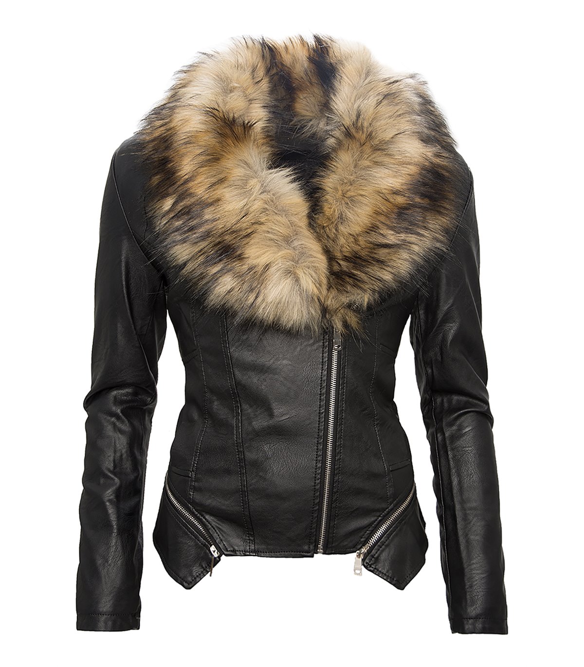 Damen Kunstleder Jacke Übergangs Biker Jacke mit Fell ...